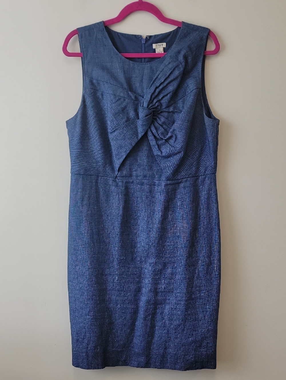 J. Crew Blue Linen Blend Sleeveless Midi Dress Front Knot Detail Coastal Boho